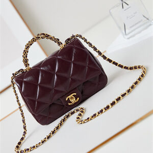 Cha.nel Mini Flap Bag with Top Handle Shiny Lambskin & Gold-Tone Metal Burgundy AS5032