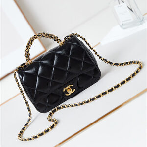Cha.nel Mini Flap Bag with Top Handle Shiny Lambskin & Gold-Tone Metal Black AS5032