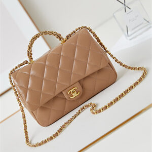 Cha.nel Mini Flap Bag with Top Handle Shiny Lambskin & Gold-Tone Metal Brown AS5043