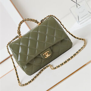Cha.nel Mini Flap Bag with Top Handle Shiny Lambskin & Gold-Tone Metal Green AS5043