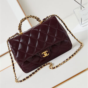 Cha.nel Mini Flap Bag with Top Handle Shiny Lambskin & Gold-Tone Metal Burgundy AS5043