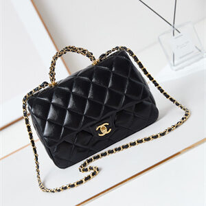 Cha.nel Mini Flap Bag with Top Handle Shiny Lambskin & Gold-Tone Metal Black AS5043