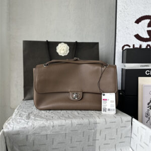 Chanel Maxi Flap Bag Medium Grained Calfskin & Silver Tone Metal Lt Brown AS6231