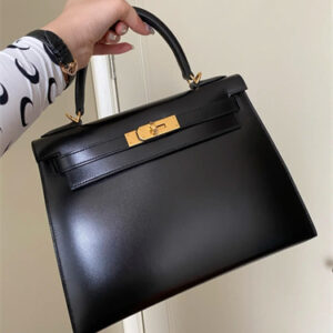 Kelly Sellier Bag Box Leather 25/28CM Gold/Silver Hardware Black HS