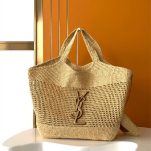 Y.S.L ICARE MAXI SHOPPING BAG IN Raffia Gold Tone Metal