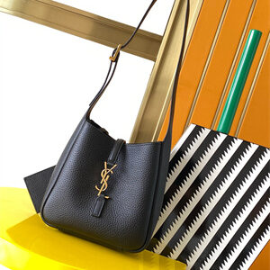 Y.S.L LE 5 A 7 Mini HOBO BAG In Black Grained Calfskin Leather