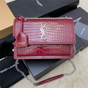 Y.S.L Sunset MEDIUM Bag In Crocodile Embossed Leather Silver Tone Metal Burgundy Color