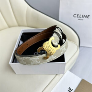 Celine TRIOMPHE Belt 25MM In White TRIOMPHE CANVAS Gold Tone Buckle