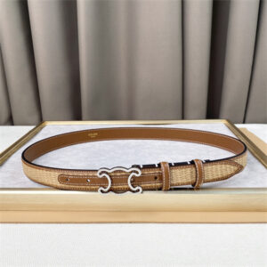 Celine TRIOMPHE Belt 25MM In Calfskin and Raffia Silver Tone Buckle Brown