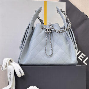 Chanel 25 Small Handbag Grained Calfskin Silver Tone Metal Lt Blue AS5293 Top