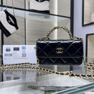 Cha.nel Flap Phone Holder with Chain Shiny Lambskin & Gold-Tone Metal Black AP4167