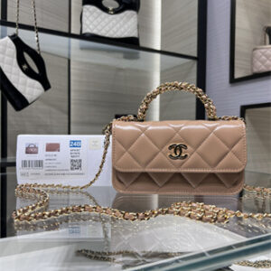 Cha.nel Flap Phone Holder with Chain Shiny Lambskin & Gold-Tone Metal Nude Pink AP4167