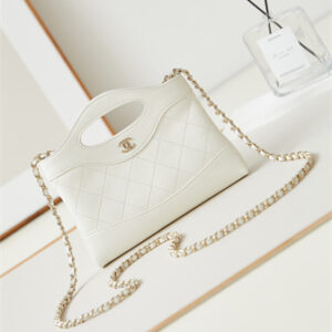 Cha.nel 31 Nano Chain Bag Calfskin Gold Tone Metal White AS3656