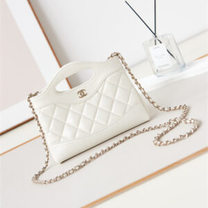 Cha.nel 31 Nano Chain Bag Lambskin Gold Tone Metal White AS3656