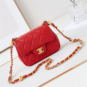 Cha.nel Supermini Flap Bag Lambskin Gold Tone Metal Red AS4946