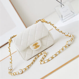 Cha.nel Supermini Flap Bag Lambskin Gold Tone Metal White AS4946