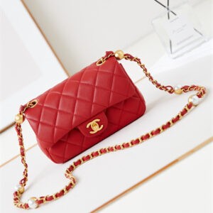 Cha.nel Mini Flap Bag Lambskin Gold Tone Metal Red AS4947