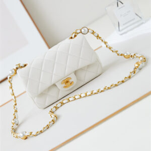 Cha.nel Mini Flap Bag Lambskin Gold Tone Metal White AS4947