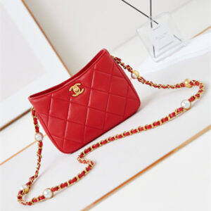 Cha.nel Small Shoulder Bag Lambskin Gold Tone Metal Red AS4948