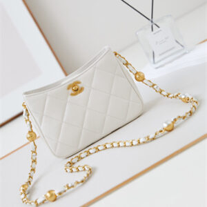 Cha.nel Small Shoulder Bag Lambskin Gold Tone Metal White AS4948
