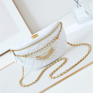 Cha.nel Waist Bag Shiny Lambskin, Imitation Pearls & Gold-Tone Metal White AS4991