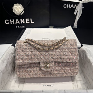 Cha.nel Medium Classic Flap Bag Tweed With Sequin Gold Tone Metal Pink