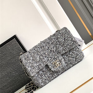 Cha.nel Mini Classic Flap Bag Tweed Gold Tone Metal Grey