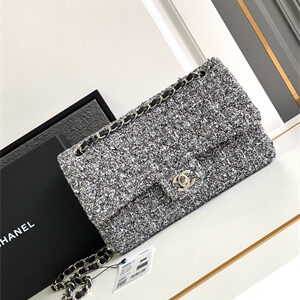 Cha.nel Medium Classic Flap Bag Tweed Gold Tone Metal Grey