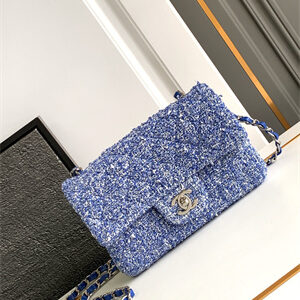 Cha.nel Mini Classic Flap Bag Tweed Gold Tone Metal Blue