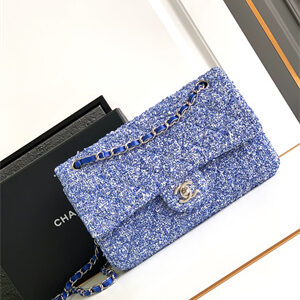 Cha.nel Medium Classic Flap Bag Tweed Gold Tone Metal Blue