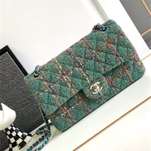 Cha.nel Medium Classic Flap Bag Tweed Gold Tone Metal Green