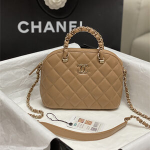 Cha.nel Small Tote Shiny Lambskin & Gold-Tone Metal Brown AS5130
