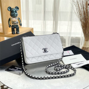 Cha.nel Trendy CC Wallet On Chain So Black In White Lambskin A80982