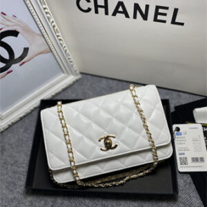 Cha.nel Trendy CC Wallet On Chain Lambskin Gold Tone Metal In White A80982