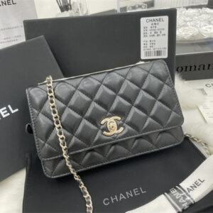 Cha.nel Trendy CC Wallet On Chain Lambskin Gold Tone Metal In Black A80982