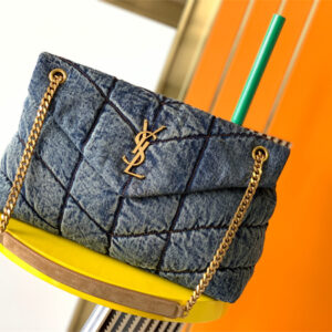 Y.S.L PUFFER MEDIUM In Black Denim Fabric Gold Tone Metal