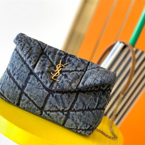 Y.S.L TOY PUFFER In Black Denim Fabric Gold Tone Metal