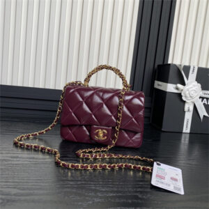 Chanel Mini Flap Bag with Top Handle Shiny Lambskin & Gold-Tone Metal Burgundy AS5032
