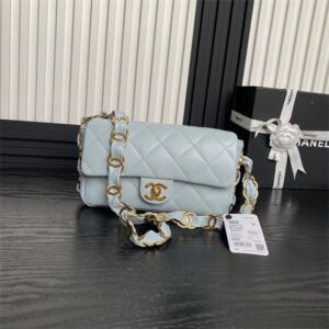 Chanel Flap Bag Lambskin Gold Tone Metal Blue AS5176