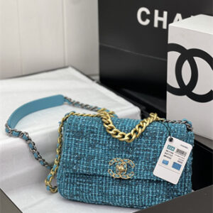 Chanel 19 Bag Tweed Gold Tone Blue AS1160