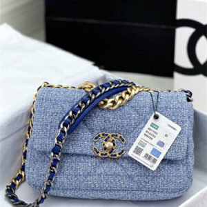 Chanel 19 Bag Tweed Gold Tone Blue AS1160