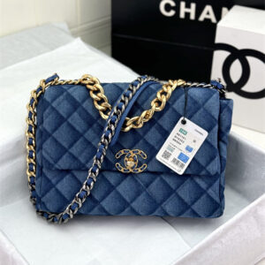 Large Chanel 19 Bag Denim Fabric Gold Tone AS1161
