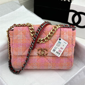 Large Chanel 19 Bag Tweed Gold Tone Pink AS1161