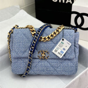 Large Chanel 19 Bag Tweed Gold Tone Blue AS1161