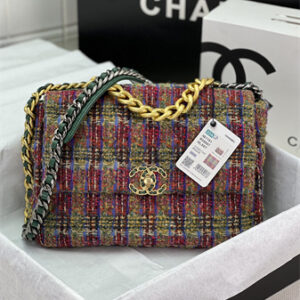 Large Chanel 19 Bag Tweed Gold Tone Multicolor AS1161