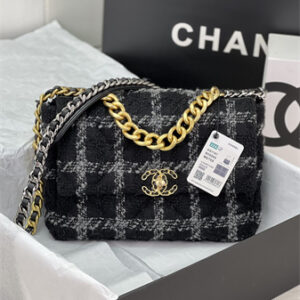 Large Chanel 19 Bag Tweed Gold Tone Black/Grey AS1161