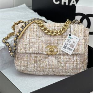 Large Chanel 19 Bag Tweed Gold Tone Beige AS1161