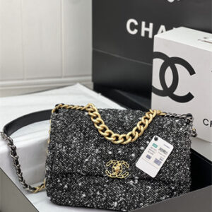 Large Chanel 19 Bag Tweed Gold Tone Black/White AS1161