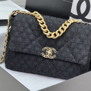Large Chanel 19 Bag Tweed Gold Tone Black AS1161