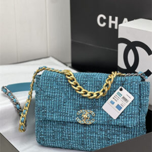 Large Chanel 19 Bag Tweed Gold Tone Blue AS1161